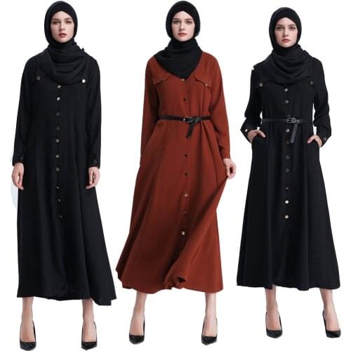 Muslin Middle East Retro Metal Buckle Arab Robe Open Button Dress ~ Send Belt islamic clothing for women muslim fashion