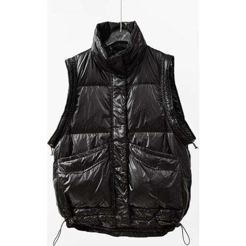 Autumn Winter Womens black Down Vest fashion Drawstring Stand Collar Vest Jacket Womens Windproof Warm Waistcoat