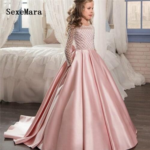 Long Sleeve Flower Girl Dresses O-neck with Bow Satin Girls Customized First Communion Dresses Vestidos