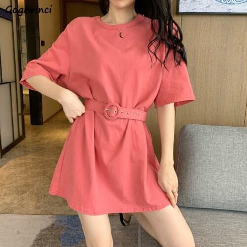 Dress Women Sashes Leisure Solid Short Sleeve Elegant Colorful Womens Ins Slim O-neck Chic Korean Style OL Slim Simple Loose New