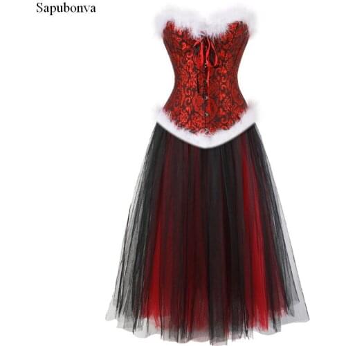 Sapubonva Christmas womans corsets for dresses costumes halloween black and red mesh long skirt bustier corset gowns plus size