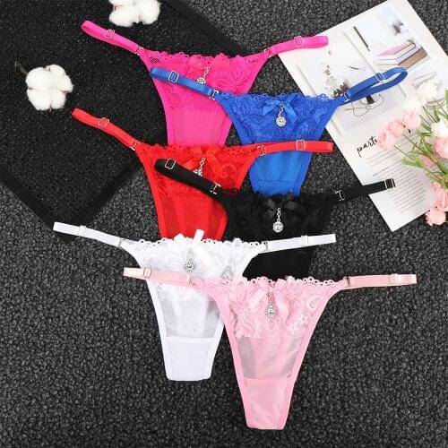 Sexy Lingerie Women Lace Panties Thongs Pearl Pendant Lace Embroidery G-String T-Back Briefs Underwear Adjustable Ladies Panties