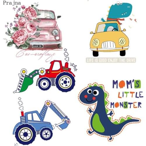 Prajna Iron-on Transfers For Boy Clothes Heat Transfer Viny Print PVC Car Tractor Dinosaur Patch Badge Thermal Transfer Stripes
