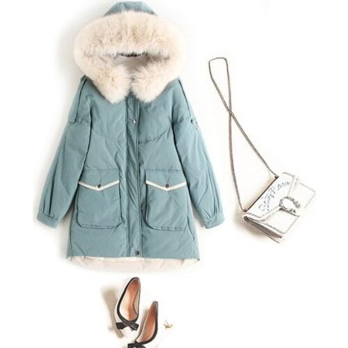 Women newest long duck down jacket with big fur collar female fashion warm loose coat lady Korean style solid color down clothes