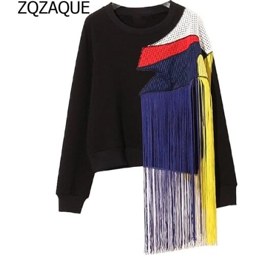 Rainbow Tassel Patchwork Mesh Womens Hoodies High Quality Loose Sweatshirts Fashion Runway Style Females Fashion Tops SY927