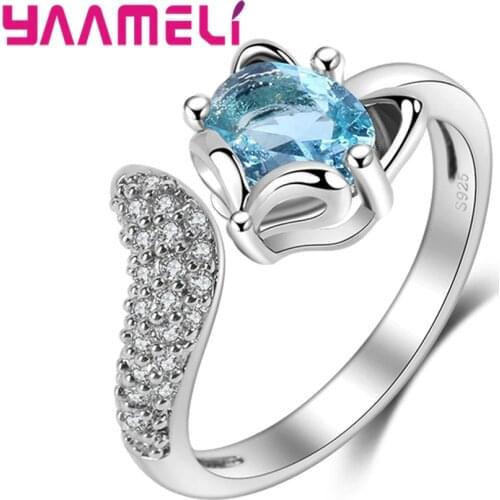 Animal Design Fox Green Crystal Party Rings For Women Girls Jewelry 925 Sterling Silver Opening Cubic Zirconia Ring