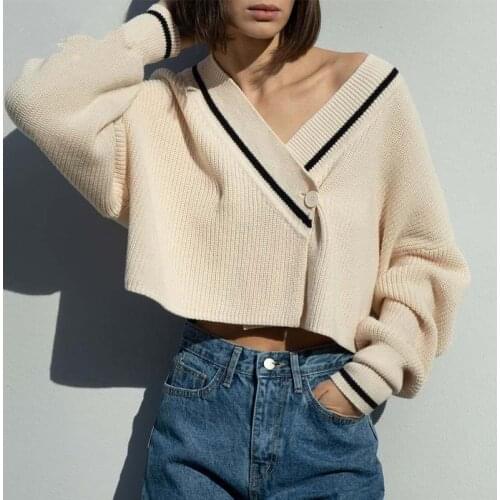 2021 Fashion Sexy Women Korean Preppy Style Knitted Cardigans Sweater V-neck Autumn New Beige Basic Cropped Top Sweater Jumpers