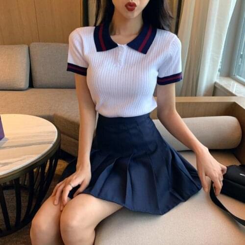 Summer 2021 New Suit Student Stretch Knit Top Polo Shirt+ High Waist Pleated Skirt Womens Two Pieces