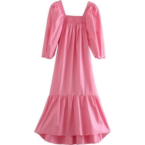BLSQR 2020 Autumn Pink Women Dress Female Square Collar Puff Sleeve Draped Ankle-Length Cotton Dresses Vestidos Feminino