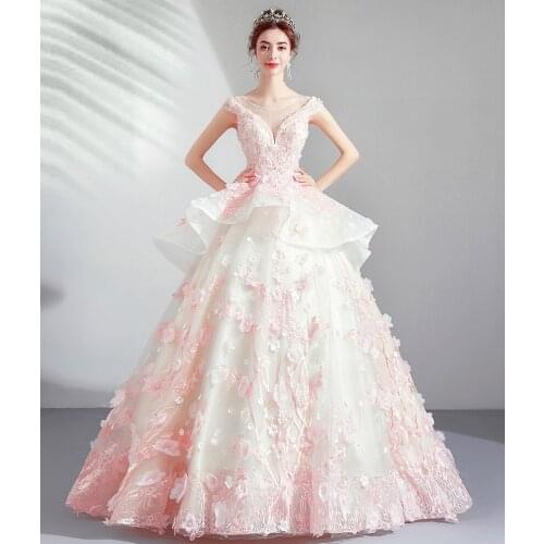 2020 Wedding Dresses Custom-Made Princess Floor Length Pink Hand Flowers Wedding Gown Vestidos de Festa robe de mairage