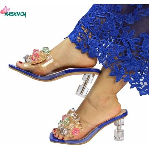 2021 Suqare Toe New Deaign Nigerian Women Shoes in Royal Blue Color INS HOT Sale Transparent Heels For Wedding
