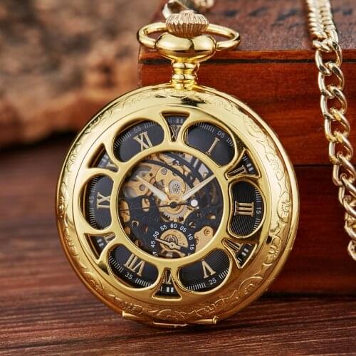 Retro Flower Hollow Skeleton Automatic Mechanical Pocket Watch Mens Fob Chain Steel Exquisite Sculpture Women Roman Numerals