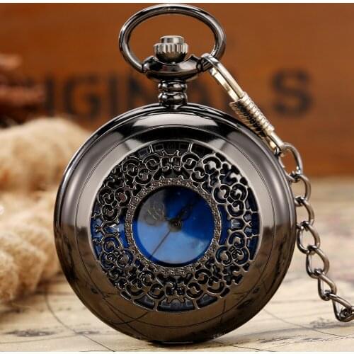 Retro Vintage Black Hollow Pattern Pocket Watch Starry Sky Dial Pendant Chain Fashion Clock Dad Husband Friend Best Gift Watches