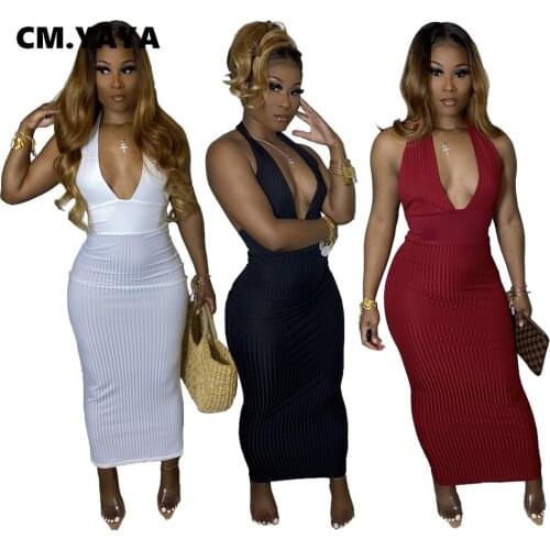 CMYAYA 2021 Women Summer Dress V-neck Sleeveless Slim Maxi Dress Backless Knitted Beach Sexy Party Long Dresses Vestidos