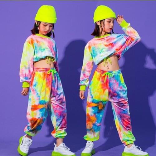 Kids Carnival Hip Hop Clothing Tie Dye Long sleeve Crop Top Sweatshirt Cargo Jogger Pants for Girls Jazz Dance Costume Clothes