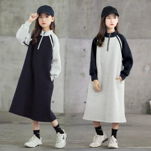 6 To 16 Years Midi Long Fleece Girls Dresswinter Turtleneck Plush Velvet Cotton Casual Zipper Kids Clothes patchwrok,#5708