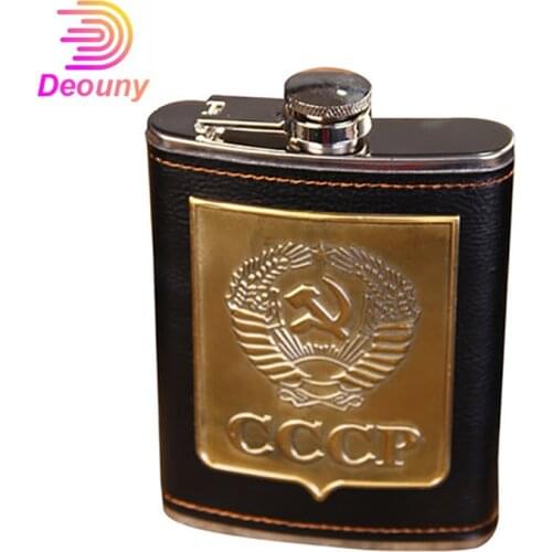 DEOUNY Russian CCCP Alcohol Whiskey Flask Jagermeister Black Leather Hip Flask Flagon Whisky Bottle Groomsmen Gifts Drinkware