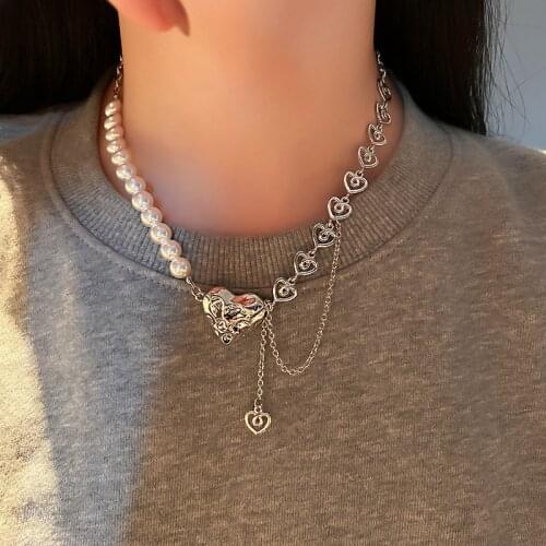 FYUAN Korean Style Heart Choker Necklaces for Women Long Chain Pendant Pearl Necklaces Statement Jewelry