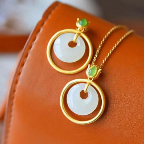 Natural Hetian Jade Peace Buckle White Nephire Pendant S925 Sterling Silver Gilding Ring Snap Fastener Necklace Fresh and Elegan