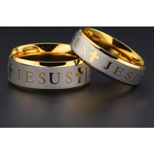 Stainless Steel Black Color Jesus Cross Ring Letter Bible Prayer Finger Rings For Men 8mm Amulet Jewelry