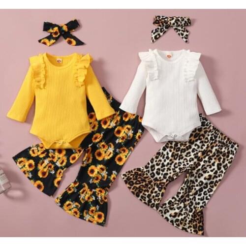 Infant Baby Girls Three-piece Clothes Set, Long Sleeve Romper, Printed Pattern Pants and Headdress, White/ Yellow