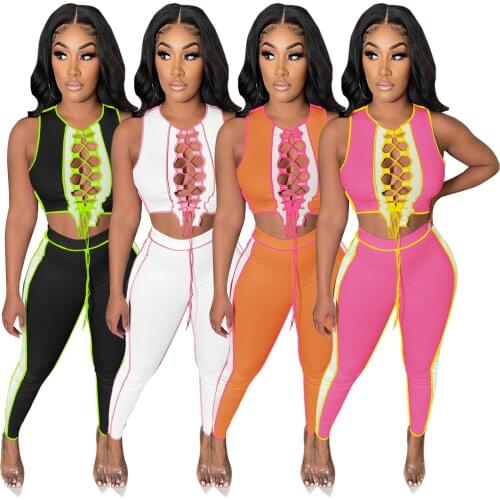 Summer Two Piece Set Women Sexy & Club Criss-Cross Bandage Spliced Solid Sleeveless O-Neck Slim Sexy Outfits for Women