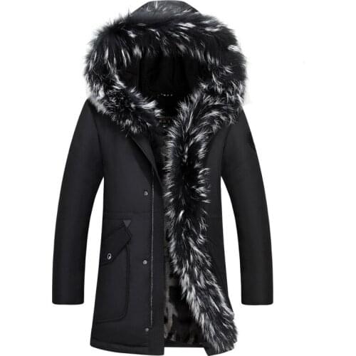 Men Fashion Fur Slim Winter 4XL 5XL Warm Jacket Mens Fur Collar Hooded Warm Fleece Lined Down Jackets and Coats Black Green