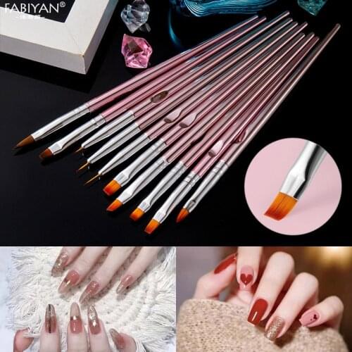 10Pcs Nail Art Brush Set UV Gel Extension Builder Falt Round Head Brushes Stripe Line Liner Flower Carving Drawing Pen Tools