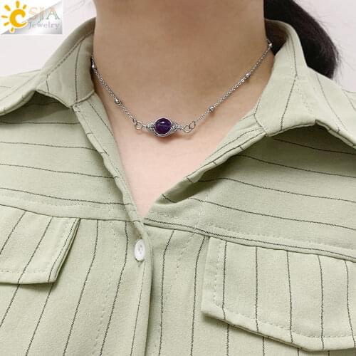 CSJA Silver Color Thin Chain Choker Necklaces Round Natural Stone Pink Quartz Crystal Devils Eye Pendant for Women Jewelry G495