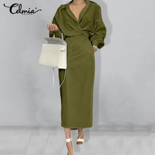 Elegant Lady Office Dress Celmia Fashion Women Shirt Dresses Long Sleeve Lapel Casual Pleated Solid Vestido Belted Long Robe