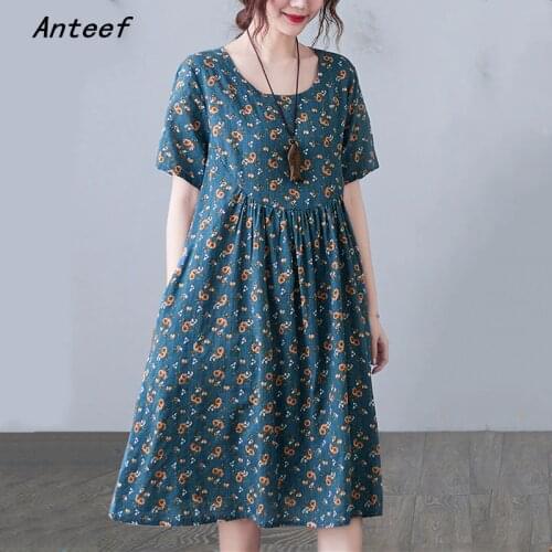 Short sleeve plus size cotton vintage floral dresses for women casual loose midi woman summer dress elegant clothes 2021