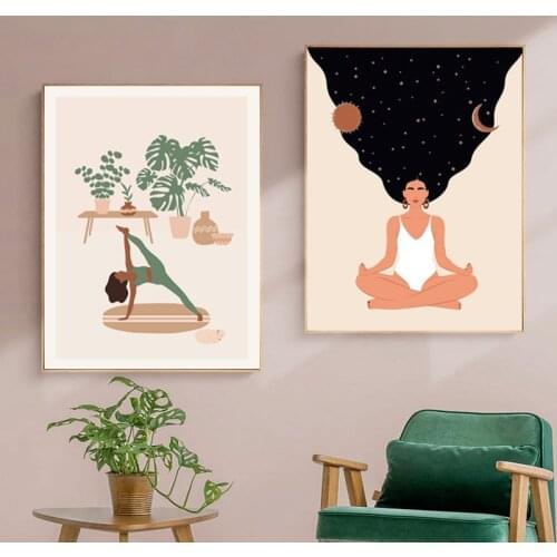 Yoga Girl House Plants Illustration Prints Nordic Posters, Boho Abstract Magic Woman Yoga Pose Canvas Painting Home Wall Decor