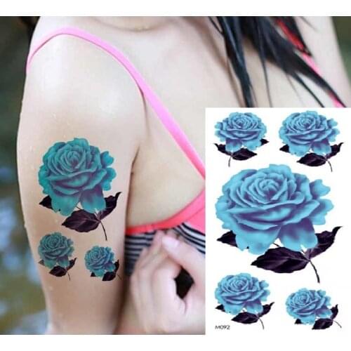 Waterproof Temporary Tattoo Sticker Blue Rose Peony Flowers Flash Tattoos Cross Rosary Body Art Arm Fake Sleeve Tatoo Women Men