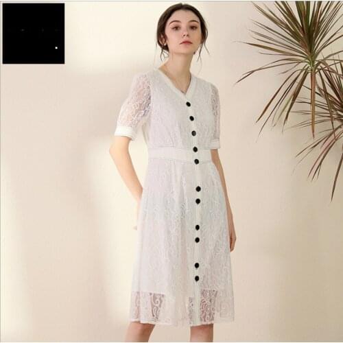 2021 Spring Summer New White Color Long Skirt Womens French Elegant Midi Skirts Ladies Contrast Dress Button Lace Maxi Dresses