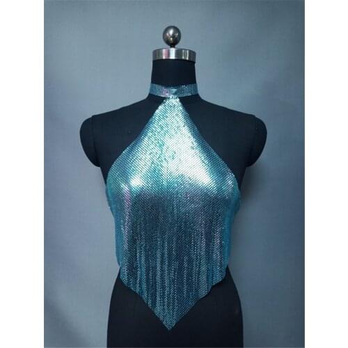 High Neck Strap Metal Alloy Tank Tops Female Summer Casual Blue Red Sequined Backless Crop Tank Top Women Party Sequins Camis