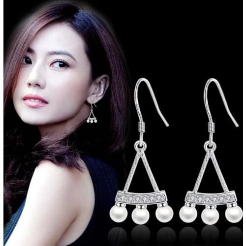 KOFSAC Charm Silver 925 Earrings for Women Shiny Zircon Exquisite Triangle Pearl Pendant Eardrop Fine Ear Hook Jewelry Brincos