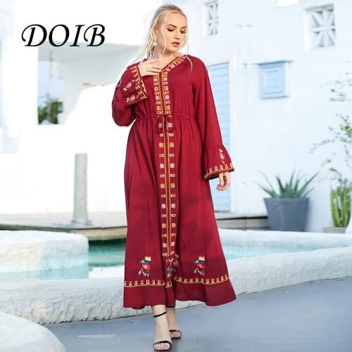 DOIB Women Red Floral Emboridery Abaya Robe V Neck Maxi Dress Long Sleeve Vintage 2021 Summer Muslim Dress