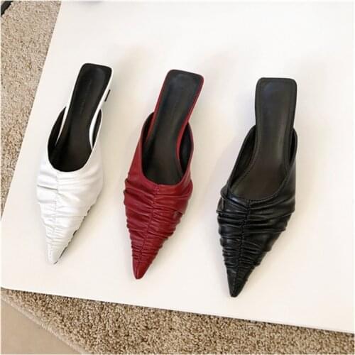 Bailamos Women Slippers Fashion Brand Pleated Slip On Mules Shoes Pointed Toe Low Heel Ladies Sandals Casual Slides Shoes
