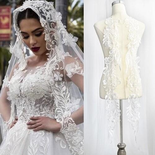 Ivory Angel Wings Embroidery Lace Appilque Large Flower Veil DIY Handmade Material Wedding Clothing Decoration Accessories 1Piar