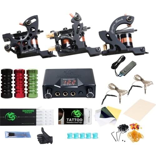 Professional Tattoo Kits Top Artist Complete Set 3 Tattoo Machine Gun Lining And Shading Tattoo Inks Power Needles Tattoo Supply