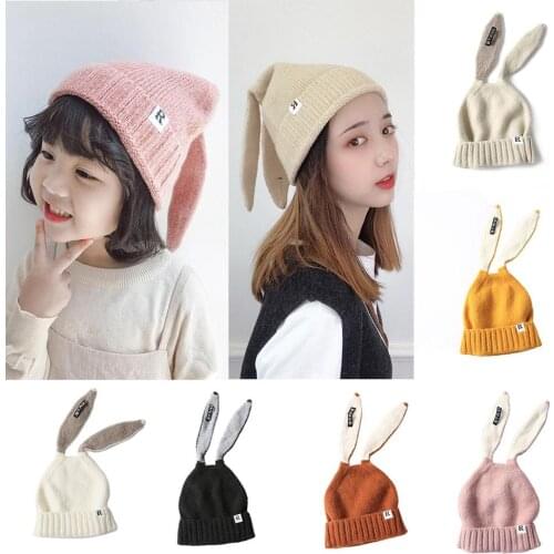 New 2019 Childrens Winter Hats Cute Baby Adult Toddler Kids Boy Girl Knitted Rabbit Crochet Ear Beanie Women Warm Hat Cap