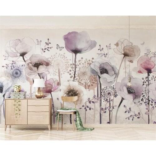 Beibehang wallpaper for living room Silk cloth wallpaper Watercolor hand painted style lilac floral TV backdrop 3d wallpaper