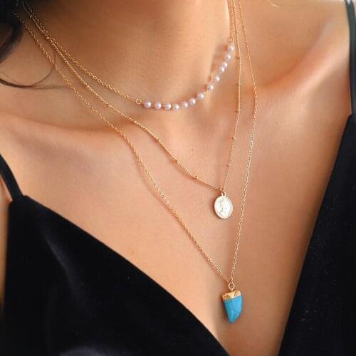 Origin Summer Trendy Multi-layer Metallic Coin Blue Geometric Stone Pendant Necklace for Women Girls Thin Chain Necklace Jewelry