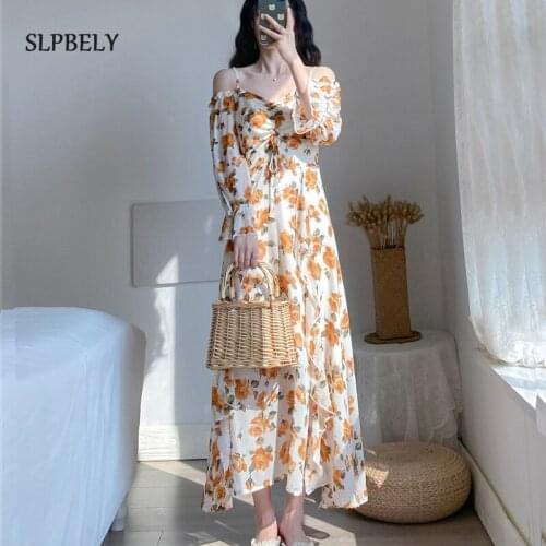 SLPBELY Floral Print Dress For Women Summer Elegant Slash Neck Long Sleeve Sling Long Dress A Line Holiday Maxi Dress Vestido