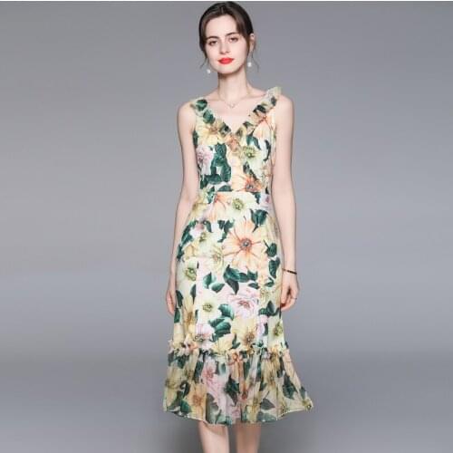 WTIANYUW Designer Floral Print Mermaid Party Dresses Summer Sexy Ruched V-Neck Sleeveless Ruffles Midi Long Dress Elbise Outfits