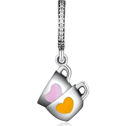 Fits For Pandora Charms Bracelets Sweet Tea Cup Dangle Beads 100% 925 Sterling-Silver-Jewelry Free Shipping