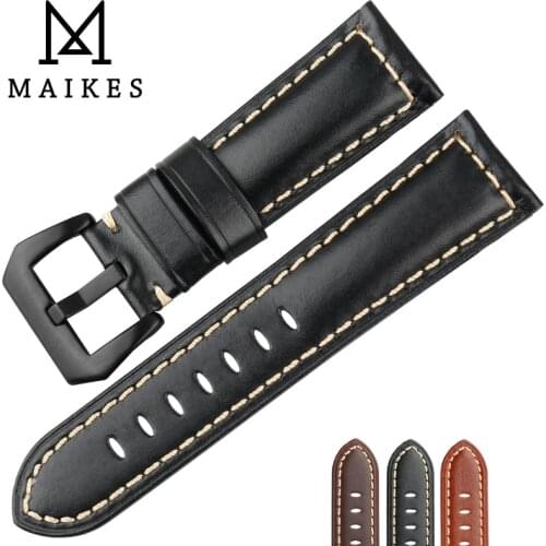MAIKES Hot Selling Watch band Genuine Cow Leather Watch Strap 26mm 24mm 22mm Watch Accessories Black Watchband For Panerai