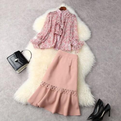 2021 Printed Shirt Long Sleeves and Flounces Embroidered Fishtail Skirt Suits European and American Womens Wear for Spring