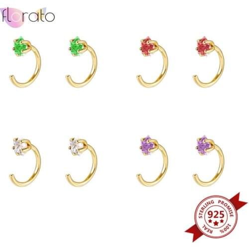 925 Sterling Silver Ear Needle Semi Circle Earrings Gold Color Purple Green Crystal Five-pointed Star Stud Earrings Tiny Earring