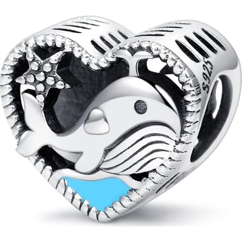 Whale Heart Charms Brave Mammal Clever Animal Beads 925 Sterling Silver Fit European bracelet for Women Fine Jewelry Mother Gift